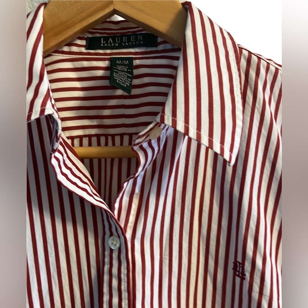 Lauren Ralph Lauren Red and White Striped Shirt 100% Cotton Size Medium - Picture 2 of 3